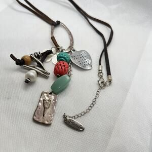 Plunder Silver Tone Heart Pendant Multi Charm Necklace Leather Cord Boho Hippie